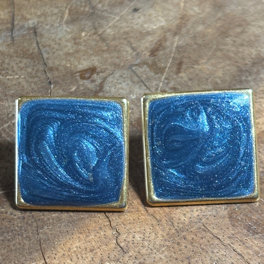 Vintage Square Gold Tone Cobalt Blue Shimmer for Pierced Ears